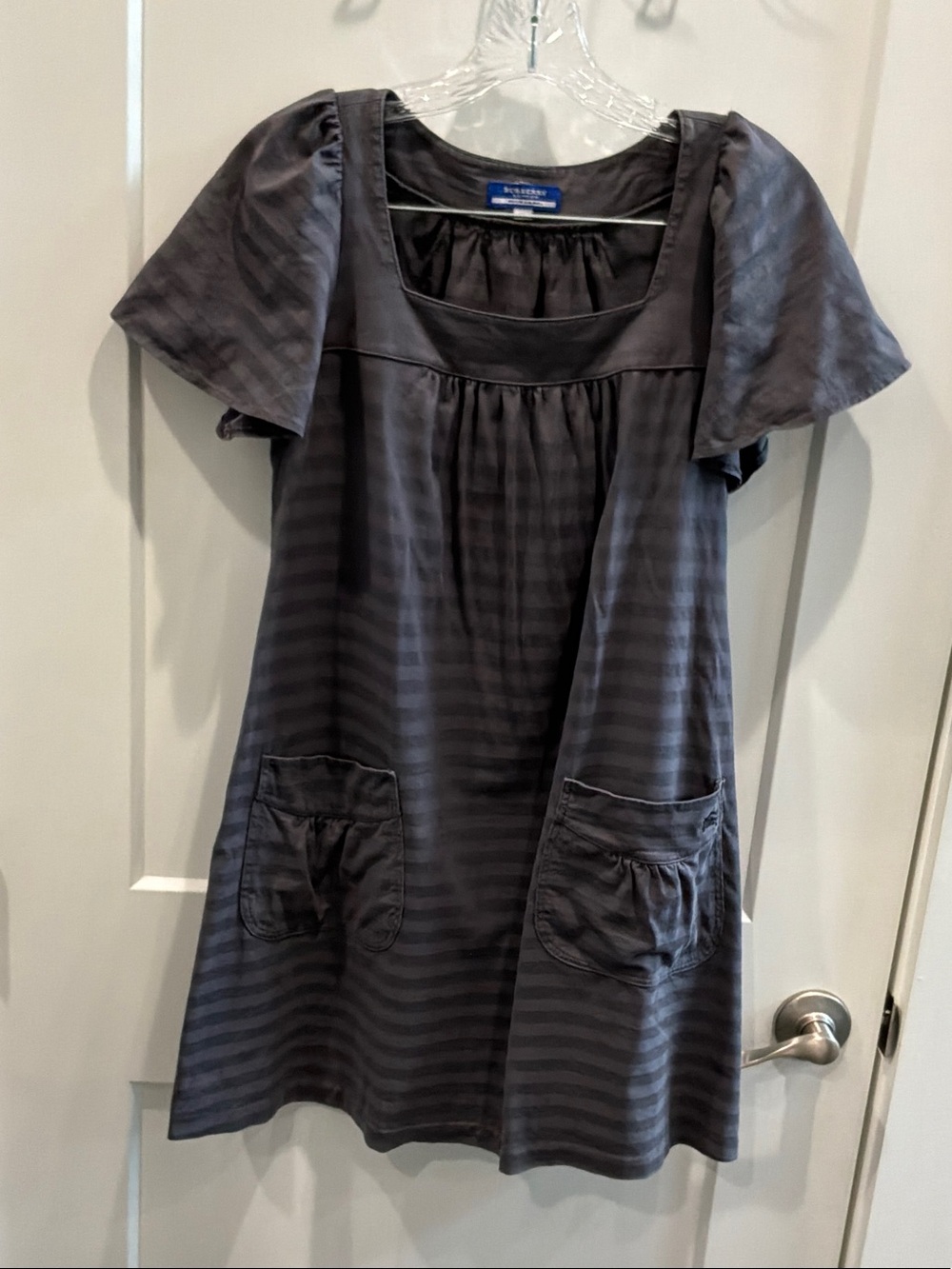 Burberry Charcoal Grey 100% Cotton CT/EU38 Stripe FlutterSleeve Dress Blue Label